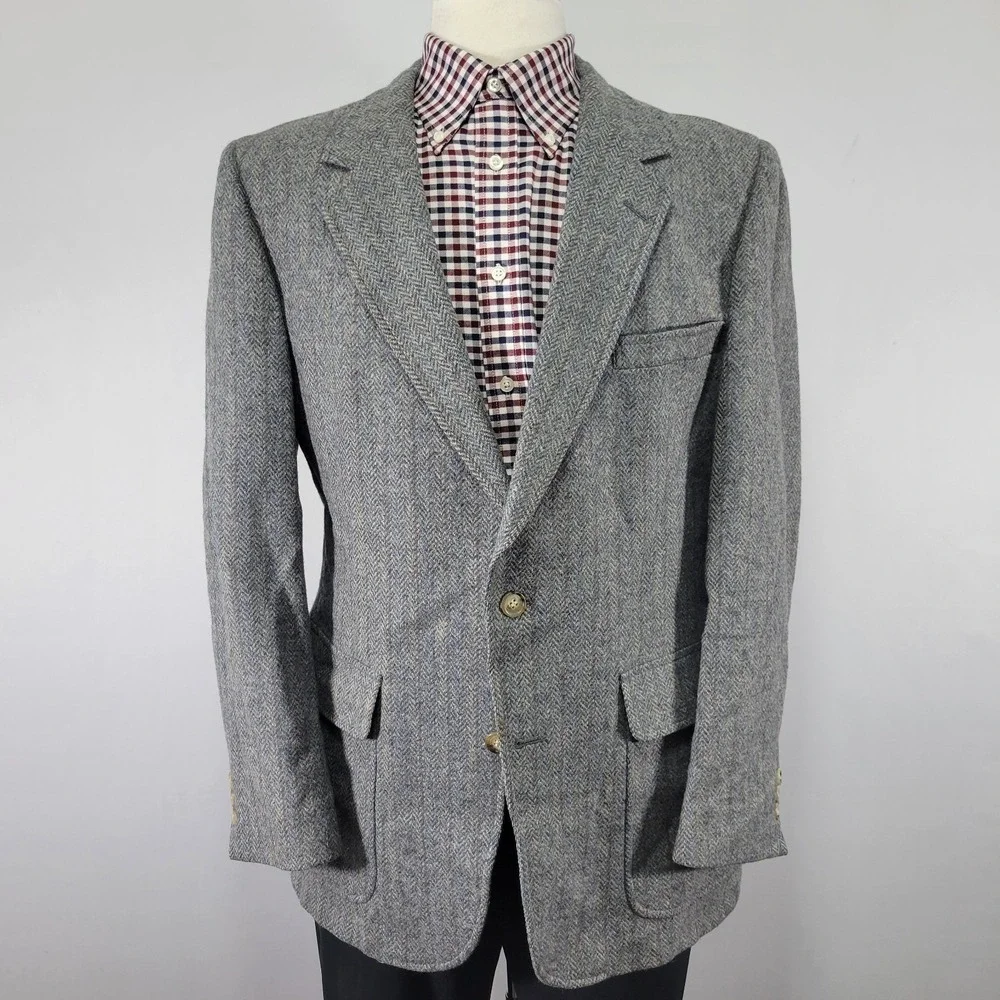 Men's‎ Tweed Style Sport Coat Blazer Two Button Gray Herringbone Wool About 42R